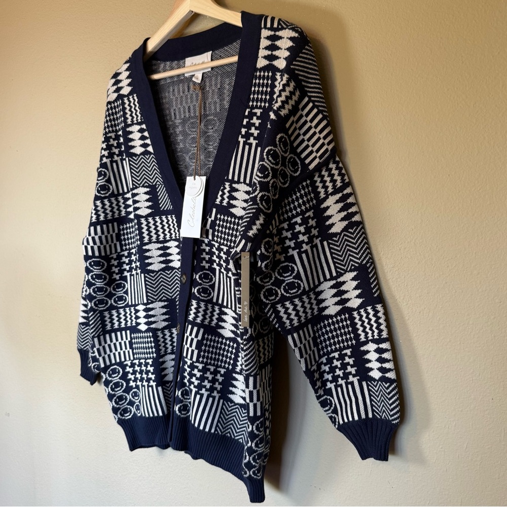 Cleobella Navy White Patchwork Knit Oversized Cardigan Sweater NWT Small - Picture 3 of 9